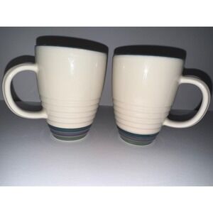Pfaltzgraff Cream Stoneware Large Mugs Blue Green‎ Accent Ribbed Design Set of 2